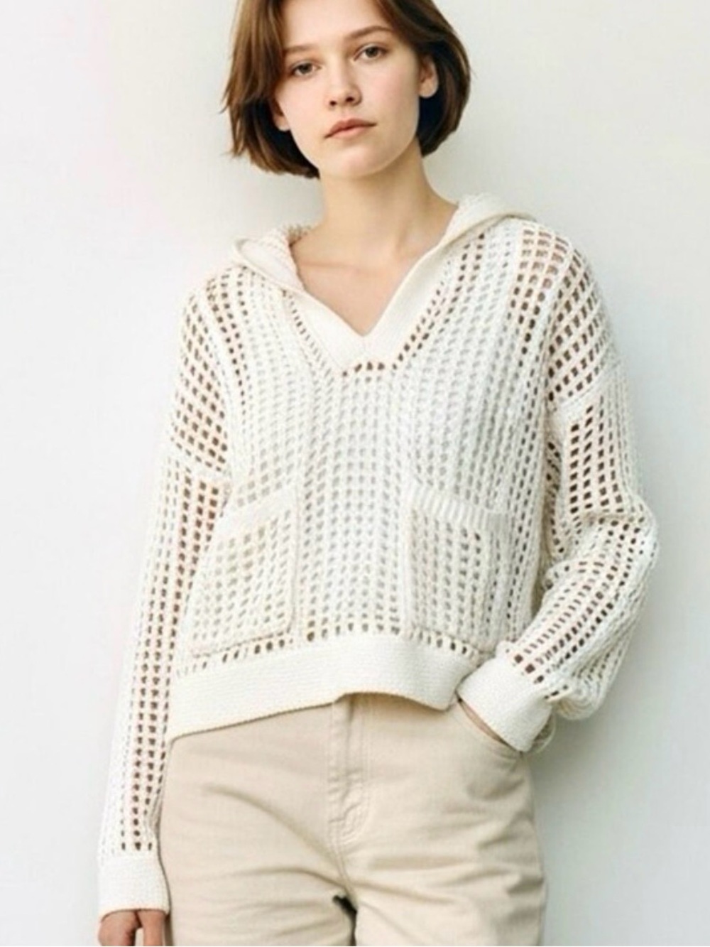 LOFT Lou & Grey Open-Knit V-Neck Hoodie Sweater in Cream NEW